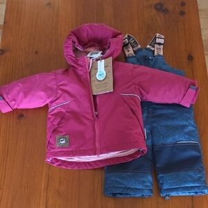 Souris Mini 9-12 Months NEW Pink‎ Hooded Jacket and Blue Overalls Snowsuit Set